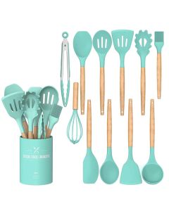 Silicone Kitchen Utensils Spoon Spatula Cooking Set of 12 Pcs | Non-Stick with Wooden Handle- BPA Free, Heat Resistant, Flexible Non Toxic Silicon Cookware Tools with Holder- Mint Green