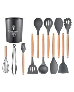 Silicone Kitchen Utensils Spoon Spatula Cooking Set of 12 Pcs | Non-Stick with Wooden Handle- BPA Free, Heat Resistant, Flexible Non Toxic Silicon Cookware Tools with Holder- Grey