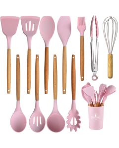 Silicone Kitchen Utensils Spoon Spatula Cooking Set of 12 Pcs | Non-Stick with Wooden Handle- BPA Free, Heat Resistant, Flexible Non Toxic Silicon Cookware Tools with Holder- Pink