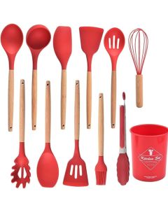 Silicone Kitchen Utensils Spoon Spatula Cooking Set of 12 Pcs | Non-Stick with Wooden Handle- BPA Free, Heat Resistant, Flexible Non Toxic Silicon Cookware Tools with Holder- Red