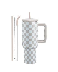 Tumbler with lid and Straw 1200ML Cup Stainless Steel Vacuum Insulated Tumbler for Water, Iced Tea or Coffee 1.2L Office Gym Travelling Cream Checks