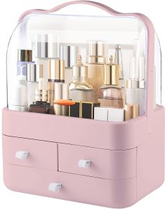 Makeup Organizer, Modern Cosmetic Organizer Makeup Storage Holder, Display Make up Caddy Shelf Organization Boxes Case Dustproof w/Handle and Drawer Pink