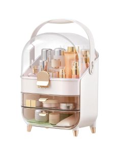 C Makeup Organizer, Modern Cosmetic Organizer Makeup Storage Holder, Display Make up Caddy Shelf Organization Boxes Case Dustproof w/Handle and Drawer White