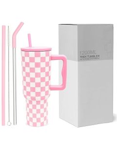 Tumbler with lid and Straw 1200ML Cup Stainless Steel Vacuum Insulated Tumbler for Water, Iced Tea or Coffee 1.2L Office Gym Travelling Pink Checks