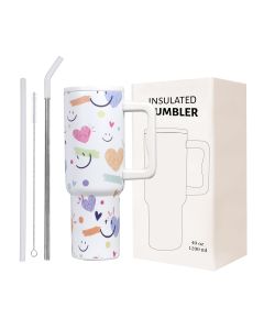Tumbler with lid and Straw 1200ML Cup Stainless Steel Vacuum Insulated Tumbler for Water, Iced Tea or Coffee 1.2L Office Gym Travelling White Smile face