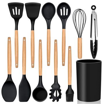 12 Pc Silicone Kitchen Utensils & Spatula Set | Non-Stick Cooking & Baking Tools with Wooden Handle | Heat Resistant, BPA-Free, Non-Toxic Flexible Silicone Cookware Tools for Non-Stick Pans Black