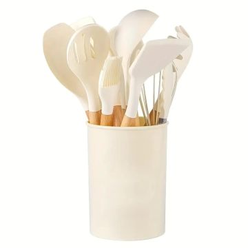12 pcs Silicone Cooking Utensils Kitchen Utensil Set with Holder Heat Resistant Silicone Spatula Turner Set Wooden Spoons Kitchen Gadgets Tools Cooking Utensils for Nonstick Cookware Cream