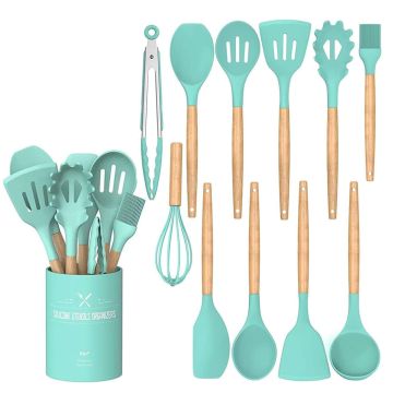 Silicone Kitchen Utensils Spoon Spatula Cooking Set of 12 Pcs | Non-Stick with Wooden Handle- BPA Free, Heat Resistant, Flexible Non Toxic Silicon Cookware Tools with Holder- Mint Green