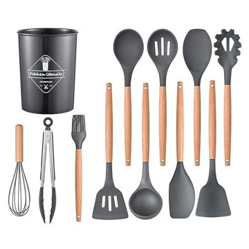 Silicone Kitchen Utensils Spoon Spatula Cooking Set of 12 Pcs | Non-Stick with Wooden Handle- BPA Free, Heat Resistant, Flexible Non Toxic Silicon Cookware Tools with Holder- Grey