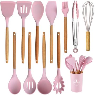 Silicone Kitchen Utensils Spoon Spatula Cooking Set of 12 Pcs | Non-Stick with Wooden Handle- BPA Free, Heat Resistant, Flexible Non Toxic Silicon Cookware Tools with Holder- Pink