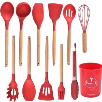 Silicone Kitchen Utensils Spoon Spatula Cooking Set of 12 Pcs | Non-Stick with Wooden Handle- BPA Free, Heat Resistant, Flexible Non Toxic Silicon Cookware Tools with Holder- Red