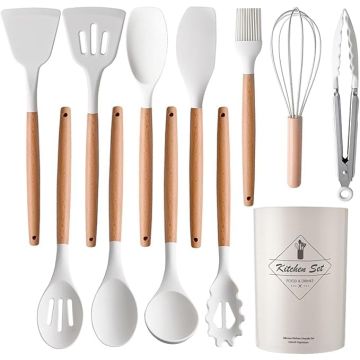 Silicone Kitchen Spatula and Utensils Spoon Set Cooking + Baking Set- 12 Pcs Non-Stick with Wooden Handle-BPA Free, Heat Resistant Item, Non Toxic Silicon Cookware Tools (White)