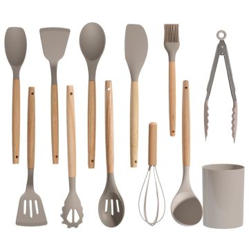 Silicone Cooking Utensil Set,12 PCS Cooking Cookware Kitchen Utensils Set, Nonstick 446°F Heat-Resistant Cookware Kitchen Tools of Spatula,Turner Tongs,Spoon,Brush,Whisk, (khaki)