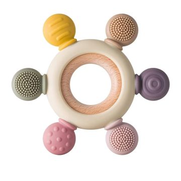Silicone & Wooden Baby Teether for 3+ Months | BPA Free Soft Teething Toy | Safe Teether for Infants | Round Shape | Color - Beige
