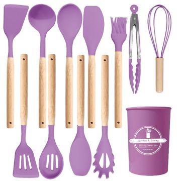 Silicone Cooking Utensil Set,12 PCS Cooking Cookware Kitchen Utensils Set, Nonstick 446°F Heat-Resistant Cookware Kitchen Tools of Spatula,Turner Tongs,Spoon,Brush,Whisk, (Purple)