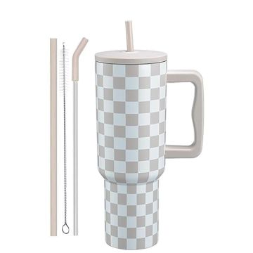 Tumbler with lid and Straw 1200ML Cup Stainless Steel Vacuum Insulated Tumbler for Water, Iced Tea or Coffee 1.2L Office Gym Travelling Cream Checks