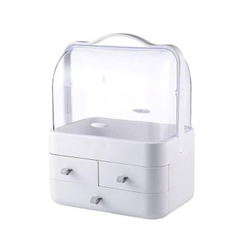 Makeup Organizer Cosmetic Display with Drawers High Transparent Acrylic Cover Fully Open Waterproof Dust-Proof Handle Jewelry, Skincare Bathroom Dresser Countertop White