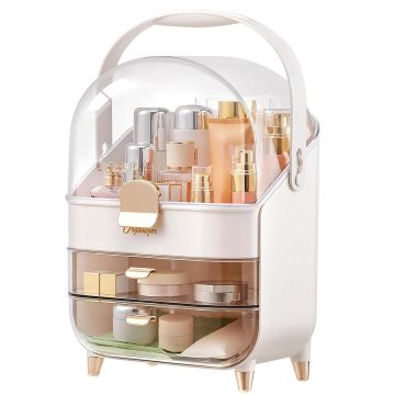 C Makeup Organizer, Modern Cosmetic Organizer Makeup Storage Holder, Display Make up Caddy Shelf Organization Boxes Case Dustproof w/Handle and Drawer White