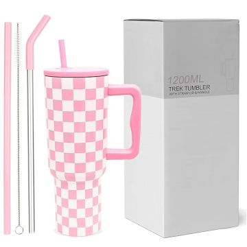 Tumbler with lid and Straw 1200ML Cup Stainless Steel Vacuum Insulated Tumbler for Water, Iced Tea or Coffee 1.2L Office Gym Travelling Pink Checks