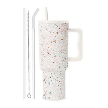 Tumbler with lid and Straw 1200ML Cup Stainless Steel Vacuum Insulated Tumbler for Water, Iced Tea or Coffee 1.2L Office Gym Travelling White Dot Skin Paint